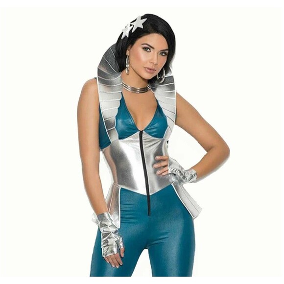 Galaxy Girl Catsuit Costume Womens Size L 3pc Blue Silver Spacesuit - Picture 6 of 7